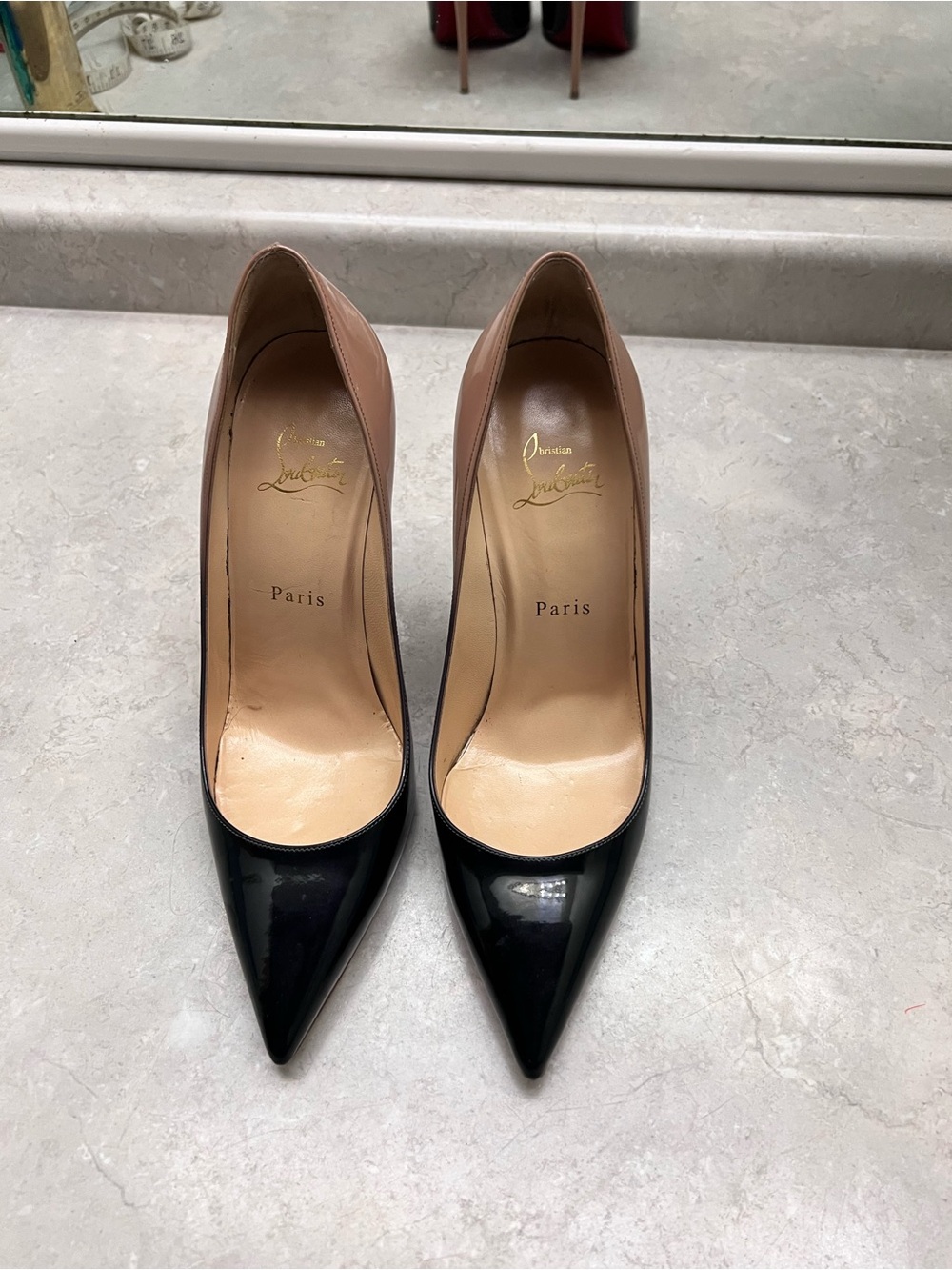Christian Louboutin Two-Tone Black and Nude Patent Pointed Pumps